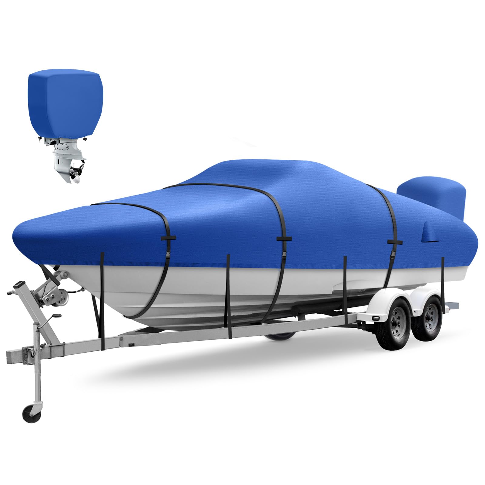 Boat Cover 23-24 ft, Upgraded 1800D Boat Cover, 6000Pa Waterproof Heavy Duty Boat Covers with Motor Cover Fits BassBoat, V-Hull Tri-Hull Boat, Runabout Bowrider, 23' 24', Blue