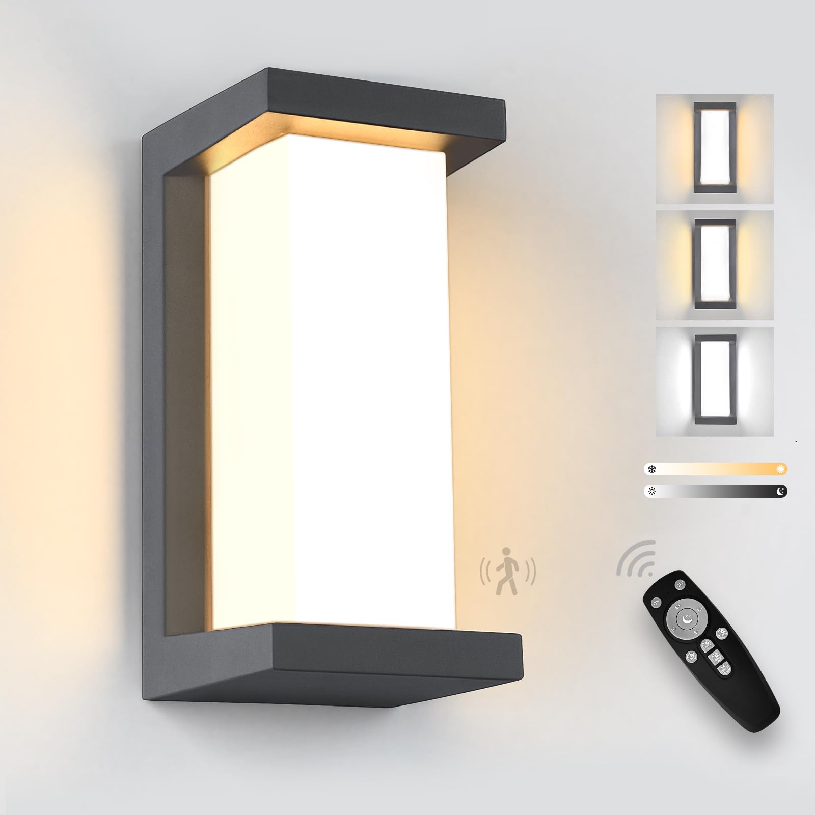 YindaLux Outdoor Lamp with Motion Sensor, LED 18W Outdoor Wall Light with Remote Control, IP65 Modern Waterproof Indoor Light, 3000-6500K Lamp for Outside Garden, Anthracite