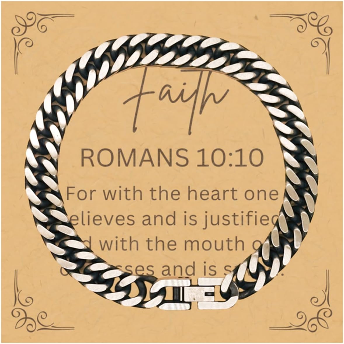 PARN'S Gifts For Christian Bible Verse - Romans 10:10 - Cuban Link Bracelet Faith Gifts For Son Dad Brother Nephew Boyfriend Husband, Religious Jewelry Bracelet Message Card Box