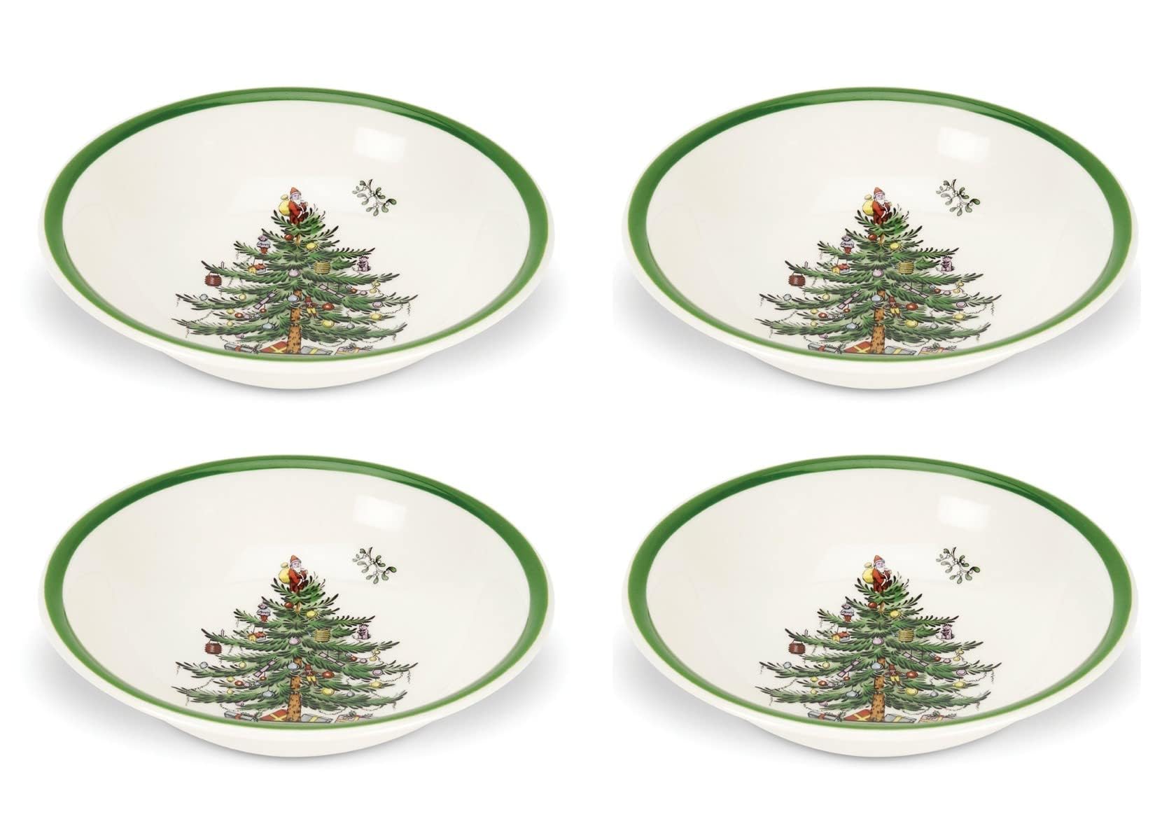 Spode Christmas Tree Ascot 8-Inch Cereal Bowls - Set of 4, Durable Earthenware Bowls for Breakfast, Oatmeal, Cereal, or Soup - Festive Design, Microwave and Dishwasher Safe - Beautifully Gift Boxed