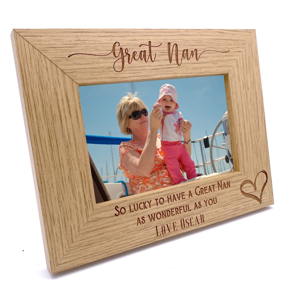 Ukgiftstoreonline Brown Personalised Great Nan Love Heart Engraved Landscape Photo Frame Gift (5 X 7 Inch)