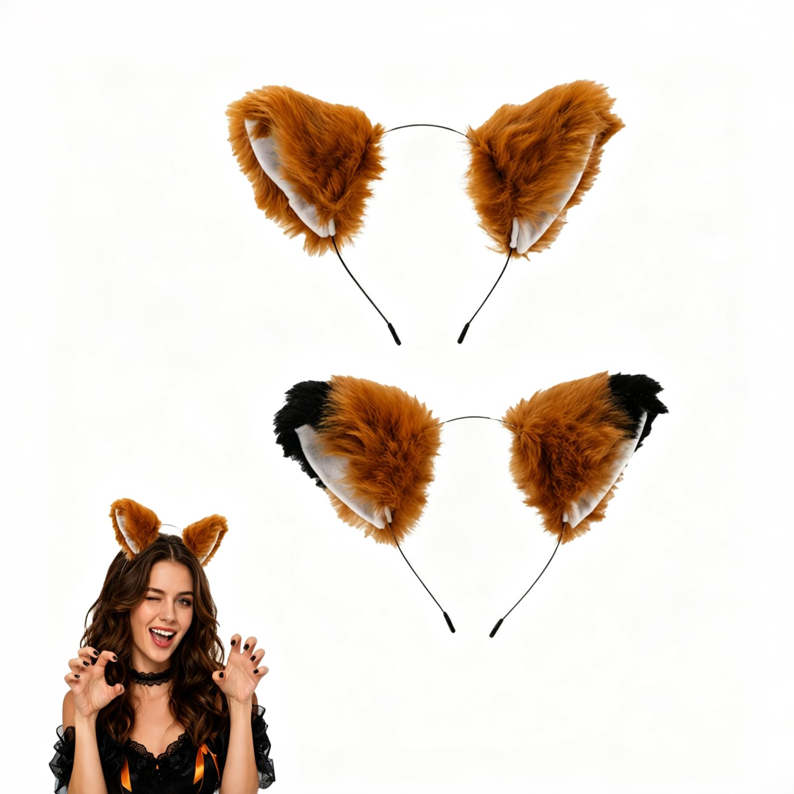 Dfiupdn 2-Pack Furry Fox Ears Headband Set, Brown and Dark Brown