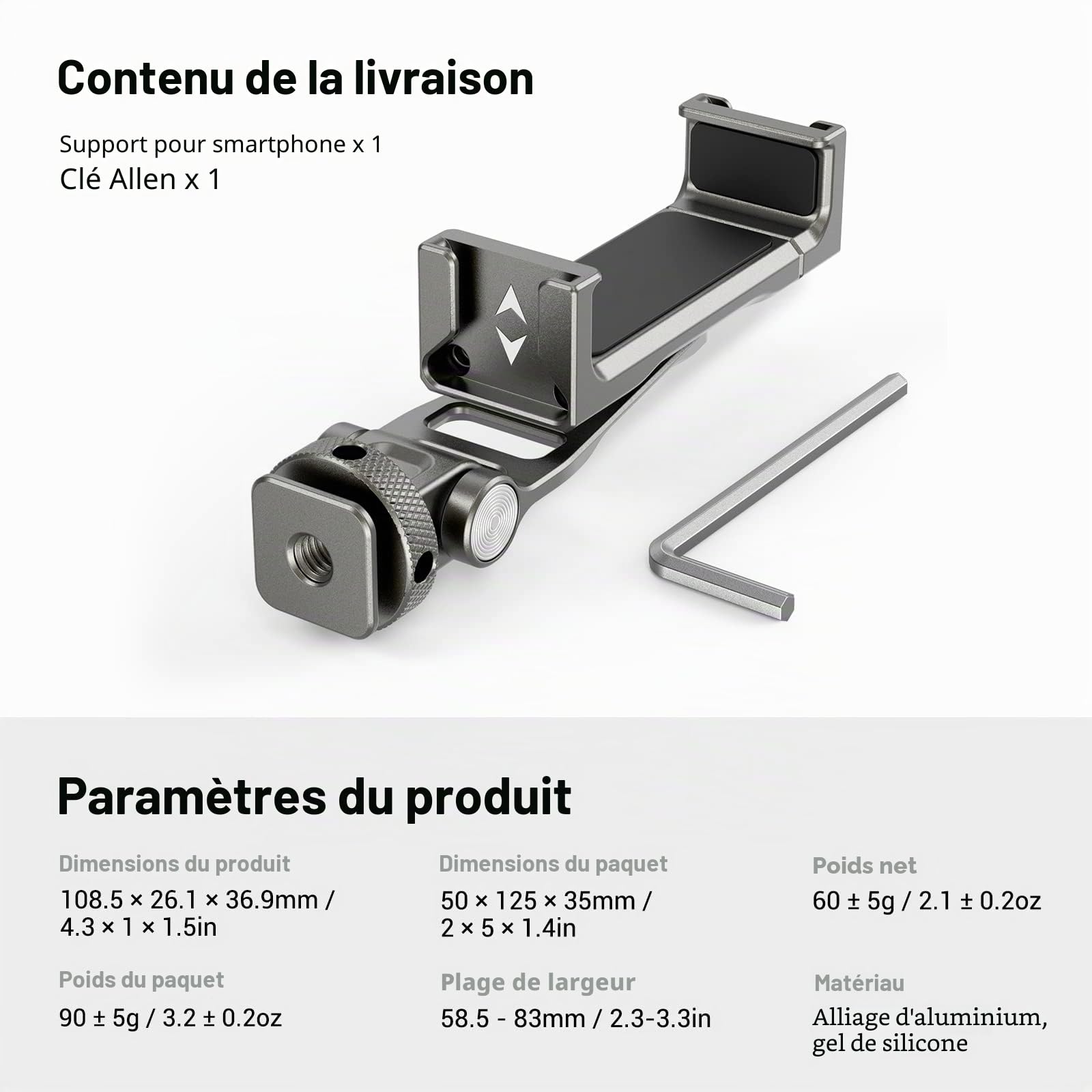 SMALLRIG Support de Téléphone Universel en Métal avec Cold Shoe et Trou Fileté 1/4"-20, Support de Caméra pour Téléphone Portable avec Rotation à 360° - 3559