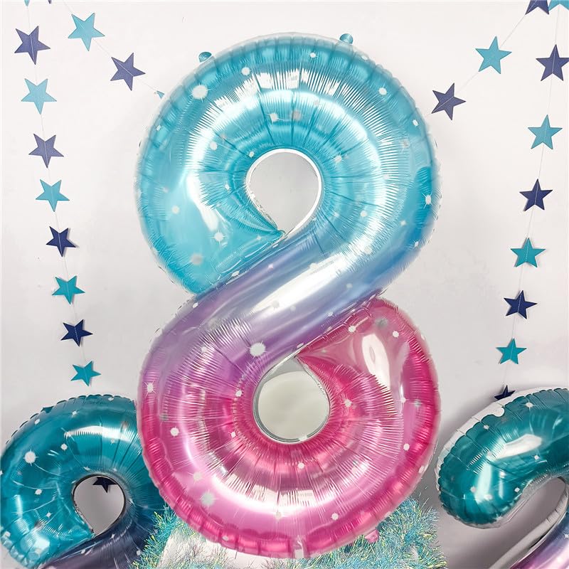 Image of Purple Teal Number 8 Balloons, 40 Inch Giant Mermaid Starry Mylar Foil Number 8 Ballon for Girls, Self Inflating 8th Birthday Helium Balloon for Women 8th Anniversary Party Decorations Supplies