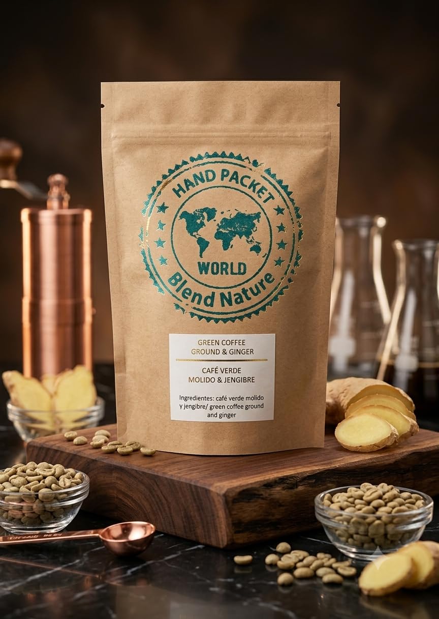 Grüner Kaffee zur Infusion 100% Natürlich mit Ingwer 500 g - Zerkleinerte Bohnen von Cafe Arabica Colombia Excelso - Geschenkkugel-Edelstahl-Infusionssieb