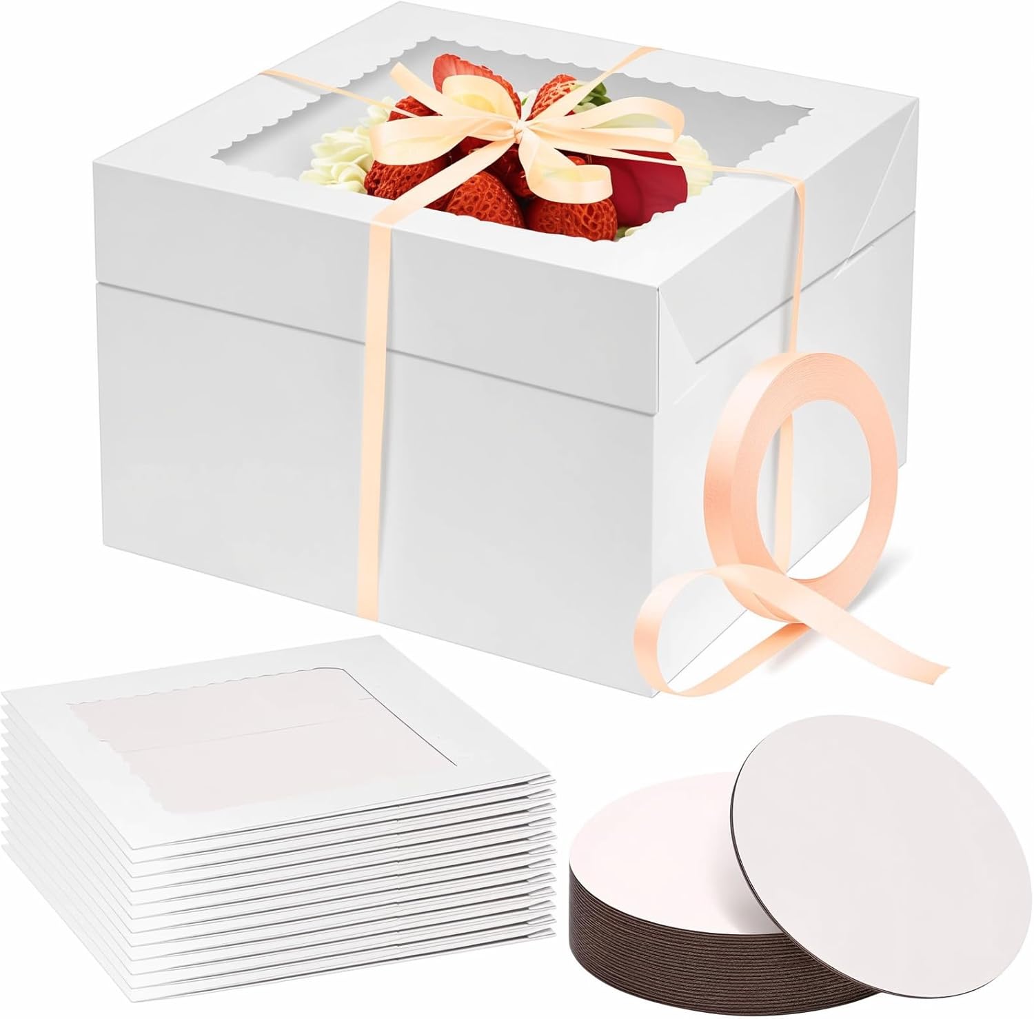 ZILAMGOO 15 Pack Cake Boxes 10x10x8 Inch with Window - White Square Cake Box with 10 Cake Boards & Ribbon - Food-Grade Oil-Proof 10 Inch Cakes Boxes for Wedding, Birthday, Bakery