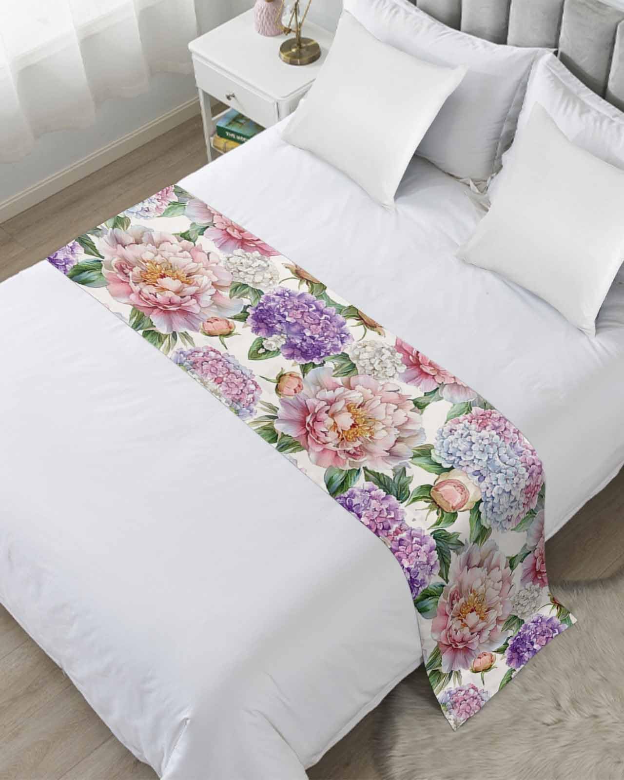 Pink Purple Hydrangea Bed Runner for King Size, Spring Pastoral Flowers Bedspread Protector Slipcover Bed Scarf for Foot Runners & Scarves for Bedroom Hotel Wedding Room 102x20 Inches
