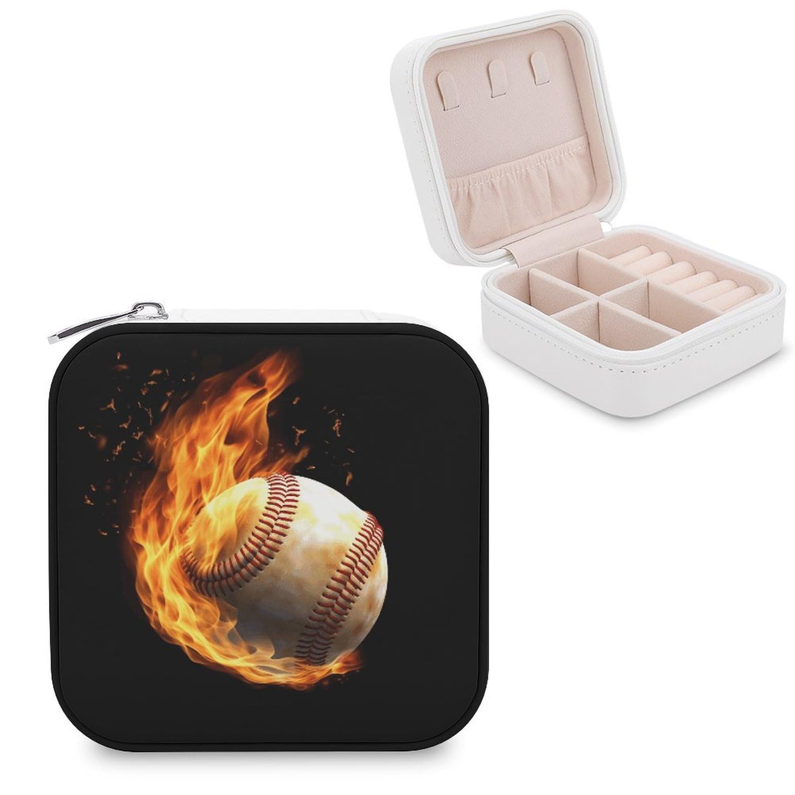 VstaDank Fire Baseball Jewelry Box Exquisite Leather Jewelry Organizer Portable Trinket Organizer Fashion Travel Jewelry Case for Rings Earrings Necklaces Unique Gifts for Women