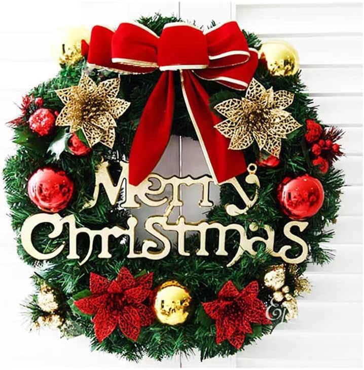 ORCHID M® 30 LED Lighted Christmas Door Decoration Wreath, Artificial Wreath Decorative Hanging Red Gold Ball Ornaments,Xmas Wreath for Holiday Party Home Fireplace Wall Window