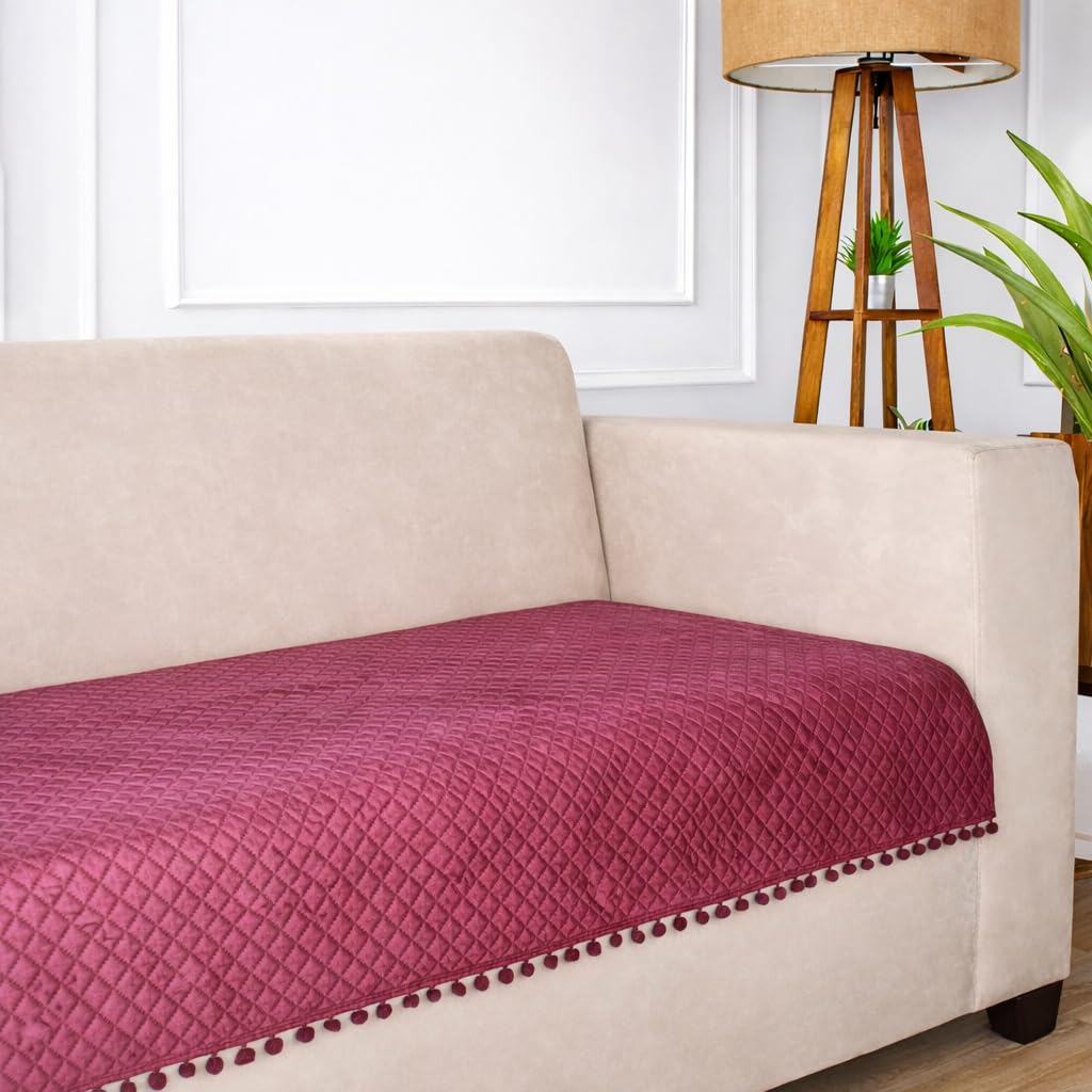 STITCHNEST 4 Seater Quilted Velvet Sofa Cover with Pom Pom | Elegant Peach Sofa Protector for Living Room | Soft, Washable | Perfect for Enhancing Living Room Interiors