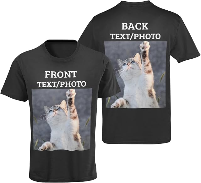 Yourdesign Front and Back Personalised T-Shirt - Add Photos and Text - Unisex Black 100% Soft Cotton - Same Day Free Dispatch
