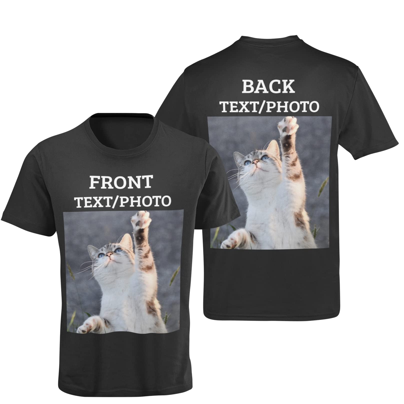 Yourdesign Front and Back Personalised T-Shirt - Add Photos and Text - Unisex Black 100% Soft Cotton SML - XXXL