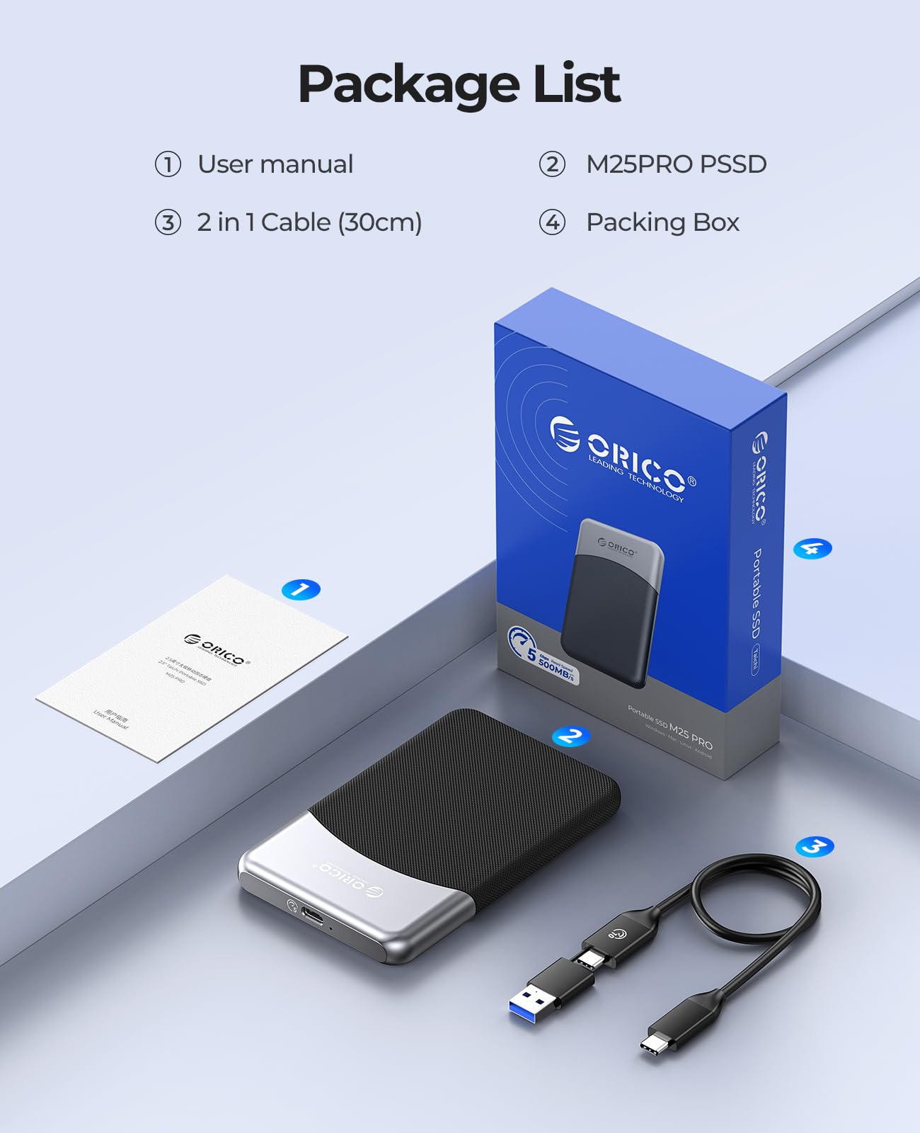 ORICO 1TB SSD Externo con Cable USB C 2 en 1, Disco Duro Externo SSD USB 3.2 Gen 1 hasta 460 MB/s, SSD Portatil para Teléfonos Inteligentes PC Tabletas y Computadoras Portátiles con USB-C- M25PRO