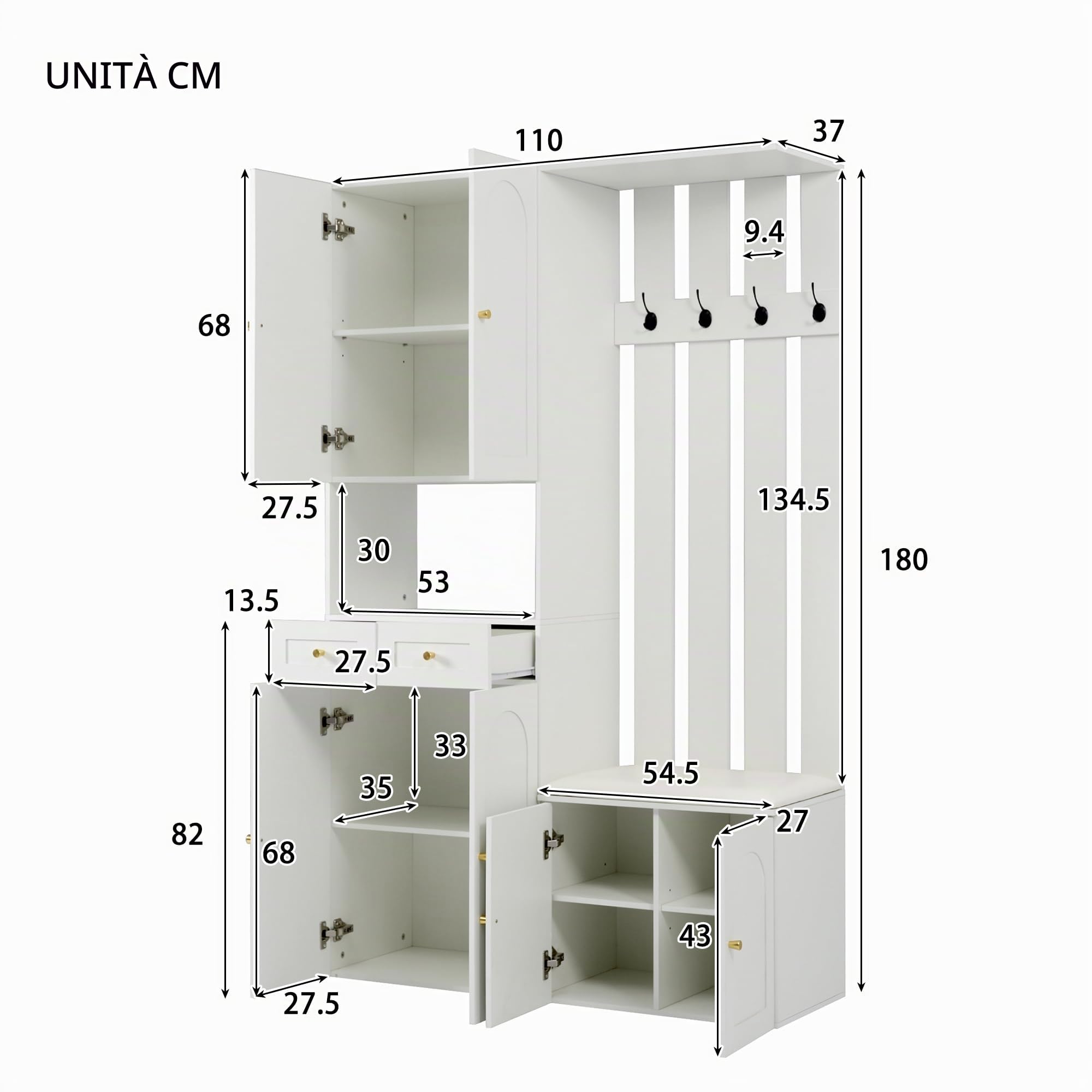 Set di appendiabiti da parete, con scarpiera e scarpiera, 4 ganci, 6 porte, 2 cassetti, bianco (B110 x 180 x 37 cm)