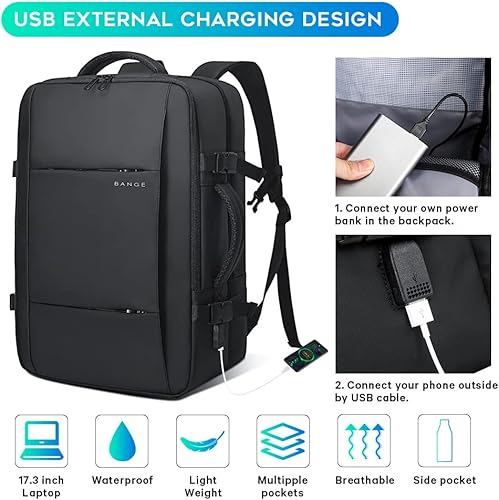 Miniatura 3 de BANGE Mochila de viaje para hombre y mujer, Negro -, Cremallera