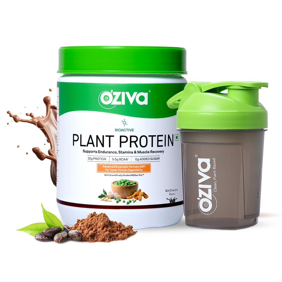 OZiva Bioactive Plant Protein supplement (Chocolate with Shaker) | 25g Protein,5.5 BCAA| Pea Isolate| Plant based Protein Powder for Women & Men | Essential Amino Acids| Vegan, Sugar free, 500g