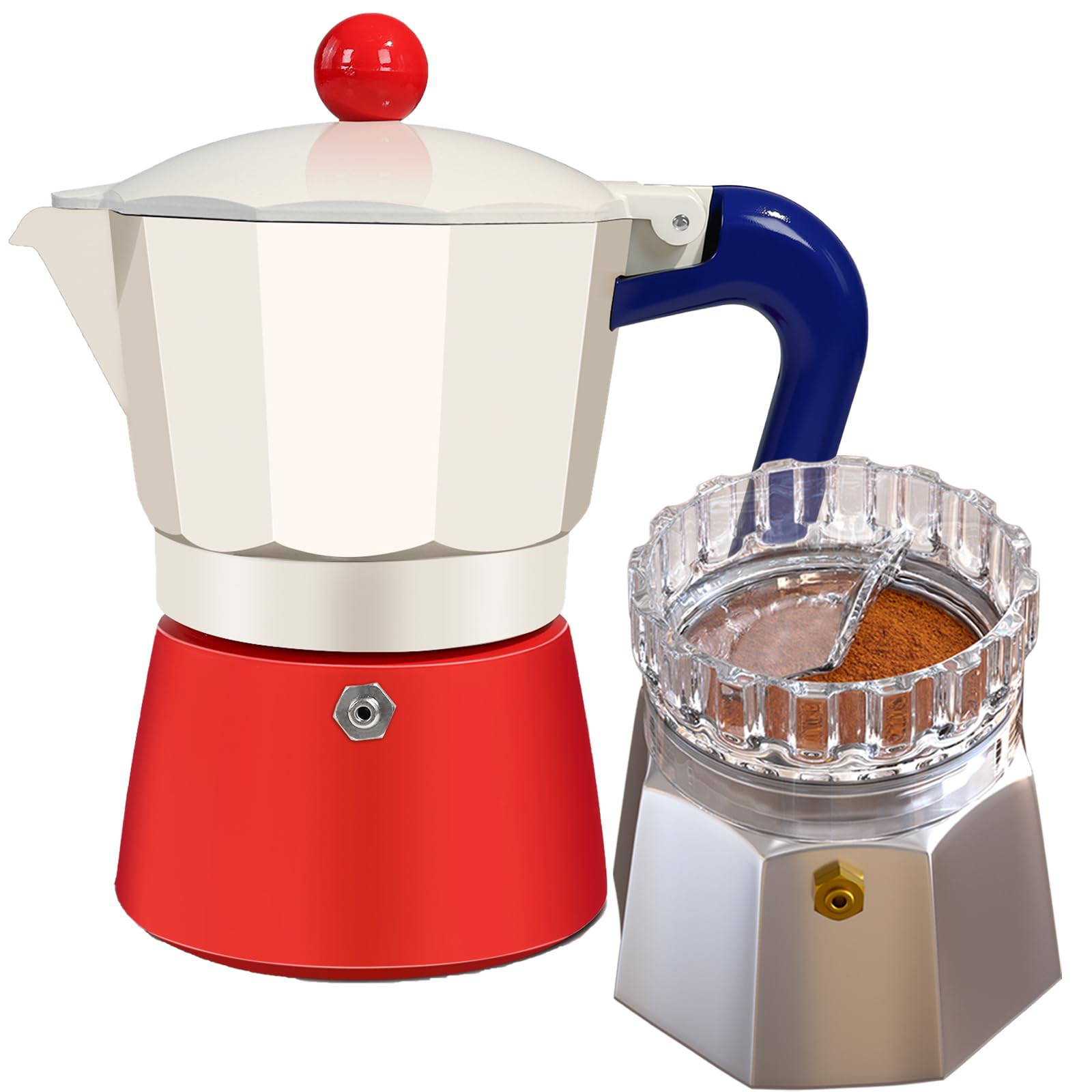 6 Cup Red White Aluminum Espresso Stovetop Moka Pot &amp; 72mm Moka Pot Dosing Funnel Transparent Mocha Dispenser Precise Volume Control &amp; Perfect Extraction Ratio