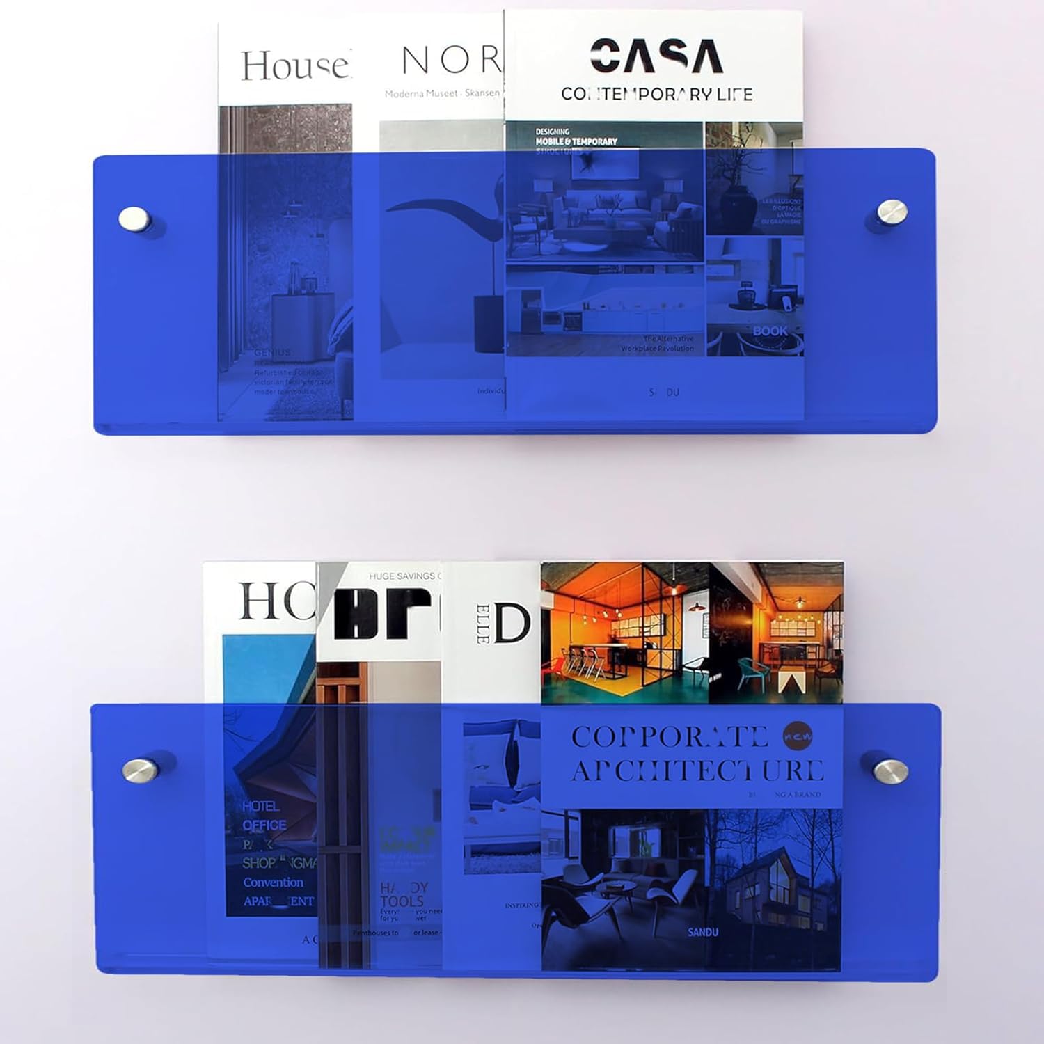Porte Journaux Mural Acrylique Moderne, Étagère en Acrylique pour Livres, 2 Pièces, 50x15 cm - Bleu