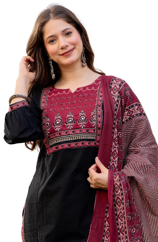 Image of Amayra Women's Cotton Straight Kurta Set with Palazzo Pants & Dupatta- Ethnic Wear