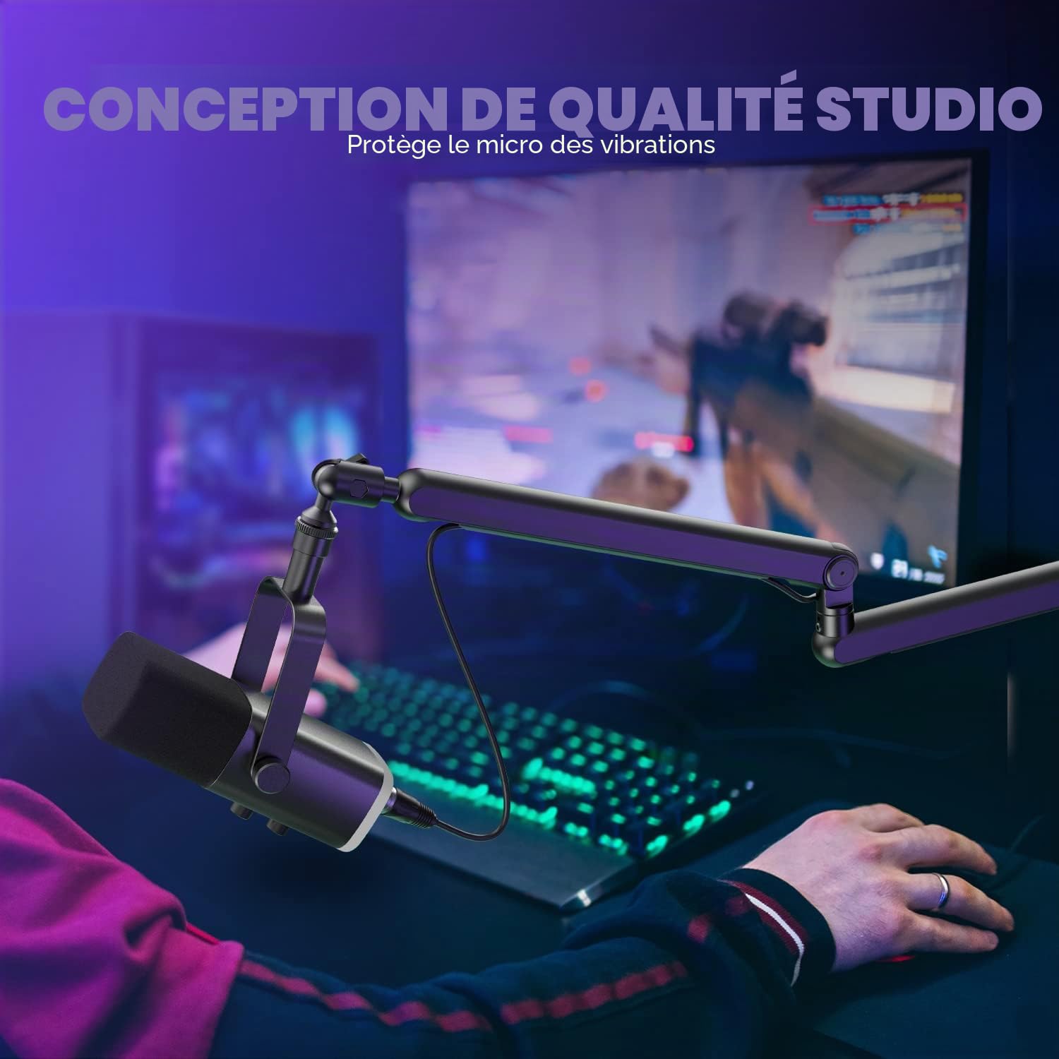 FIFINE BM88 Bras de microphone avec pince de fixation de bureau, adaptateur à vis, gestion des câbles, support de microphone à suspension pour microphone perche, pour podcast, streaming, studio de jeu
