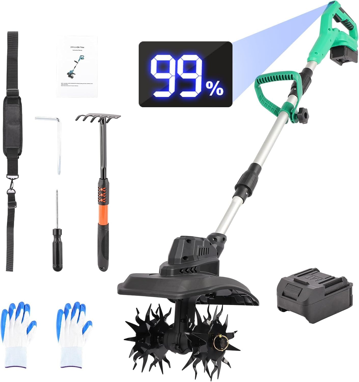 Akku Gartenfräse mit Schultergurt & Display | 500W Brushless Motor Bodenhacke | 23cm Arbeitsbreite | Kompatibel mit Makita 18V & DeWalt 20V Akkus | Motorhacke akku für Gemüsegarten | CE-Zertifiziert