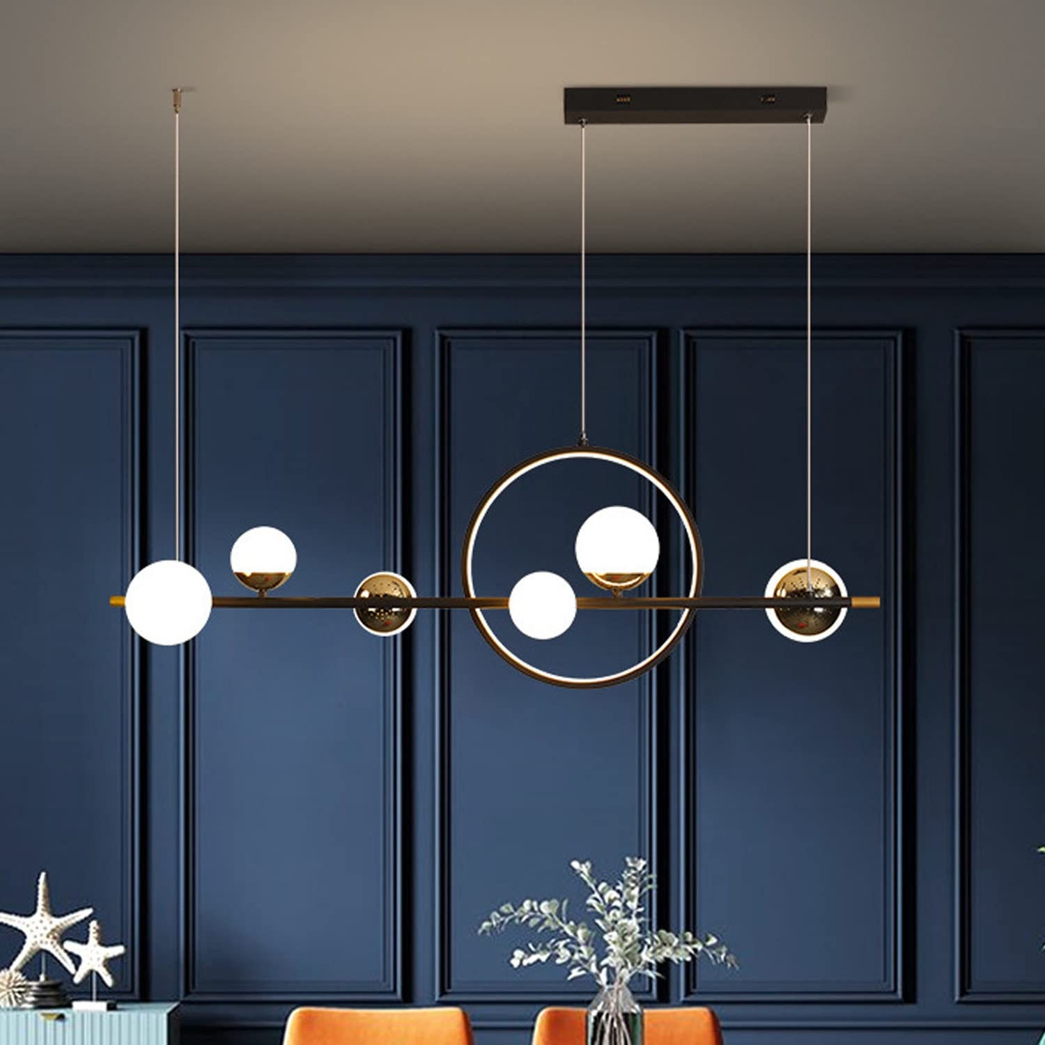 Chesennord Modern Ceiling Pendant Lighting, Ceiling Fixture Light Minimalist 45 Inches 7-Light Acrylic Globe Shade Sputnik Kitchen Island Light in Black,Metal, Glass Shade Linear Pendant Light