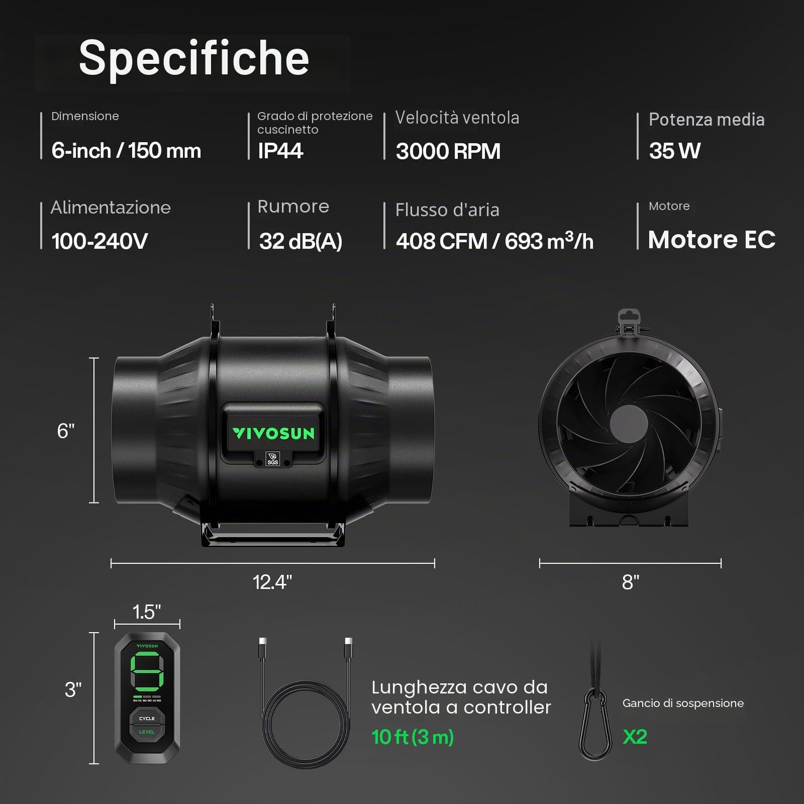VIVOSUN AeroZesh T6 Ventola Aspirazione 150mm Ventilatore da Condotto Estrazione 693 m³/h Regolatore di Velocità E12 Controllo PWM Programmabile per Tende di Coltivazione e Ventilazione Indoor