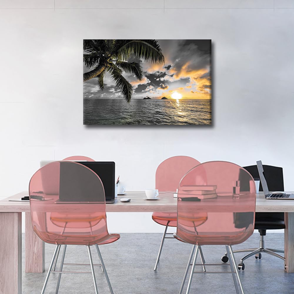 TISHIRON Black and White Canvas Wall Art White Cloud Beach Coconut Trees Prints Painting Stretched and Framed Paintings Ready to Hang for Home Decorations Office Wall Decor 24X16inch - Image 4