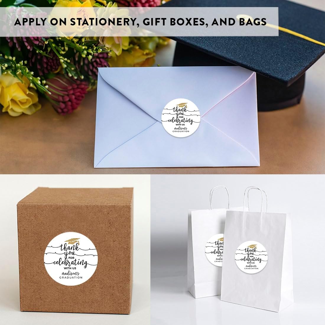 Andaz Press White and Gold Glittering, Personalized Graduation Circle Labels, Thank You for Celebrating with US, 40-Pack, Graduation Stickers Custom Grad Thank You Stickers Class of 2026