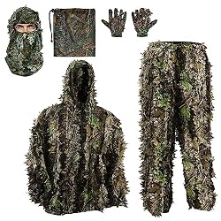 PELLOR Mono de Camuflaje Ghillie 3D, Traje de Camuflaje Jungle Ghillie Traje de Camuflaje Boscoso Ropa con Gorras y Camuflaje Guantes para Caza Camping Oculto