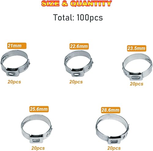 Miniatura 3 de AKIHISA 100 abrazaderas de manguera de oreja de 5 tamaños, 0.827-1.126 in, juego de anillos de crimpado Pex de acero inoxidable 304, juego surtido