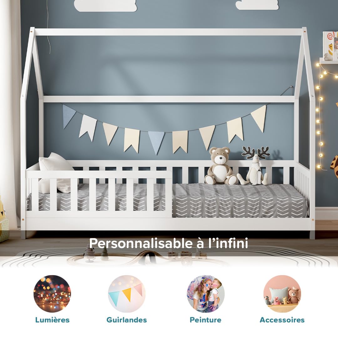 MINEA Lit cabane pour Enfant avec barrière 90x190 cm TCHOUPI Blanc | Matelas non inclus