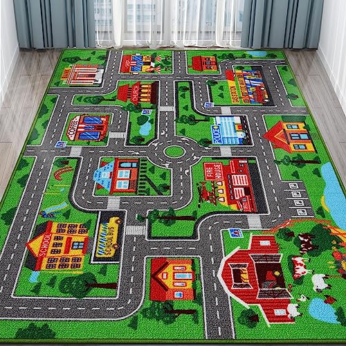 Mfmiudole Kids Carpet Car Play Rug, 7'X5' Non-Slip Kids Rug for Playroom, Town City Road Map Rug, Extra Large Boys Children Car Track Carpet for Playroom, Bedroom, Living Room (Green, 200X150 CM) by Mfmiudole - Used condition - CA$61.22