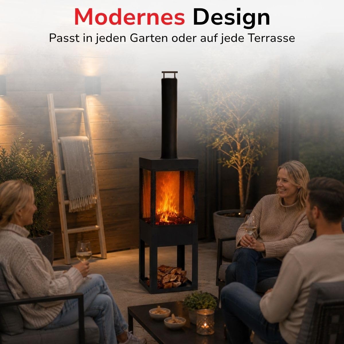 BBQ Collection Terrassenofen mit Schornstein - Gartenkamin mit Funkenschutz - Feuerstelle für den Garten oder Terasse - Karbonstahl Terrassenofen