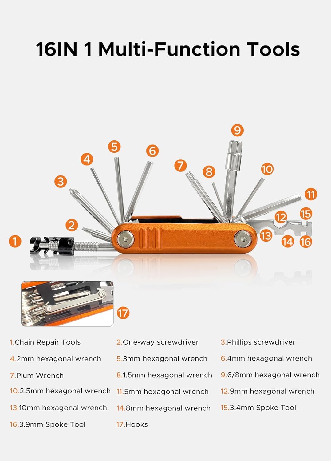 Strumento Riparazione Bici 11-in-1 Senven - Multifunzione Pieghevole, Acciaio Inox Dorato