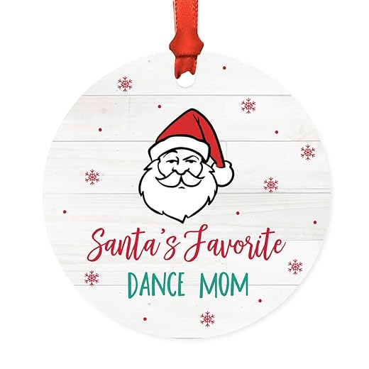 Andaz Press Santa Claus Round Metal Christmas Ornament Gag Gift, Santa's Favorite Dance Mom, 1-Pack, X-Mas White Elephant Gift Ideas Mother Her, Includes Ribbon and Gift Bag