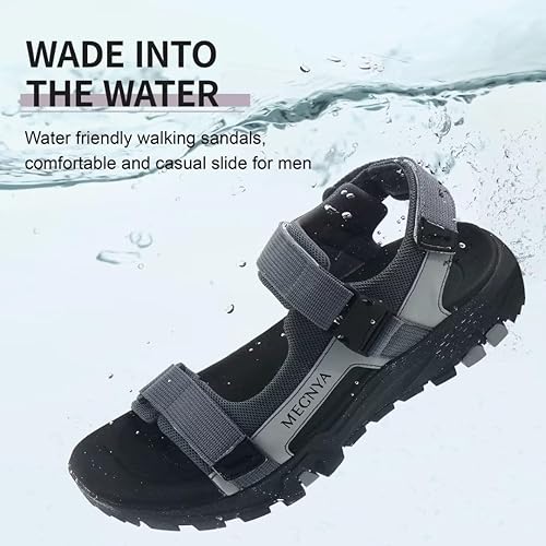 Vista 8 de MEGNYA Sandalias cómodas para caminar para hombre, sandalias deportivas suaves de senderismo con tres correas ajustables de velcro y velcro