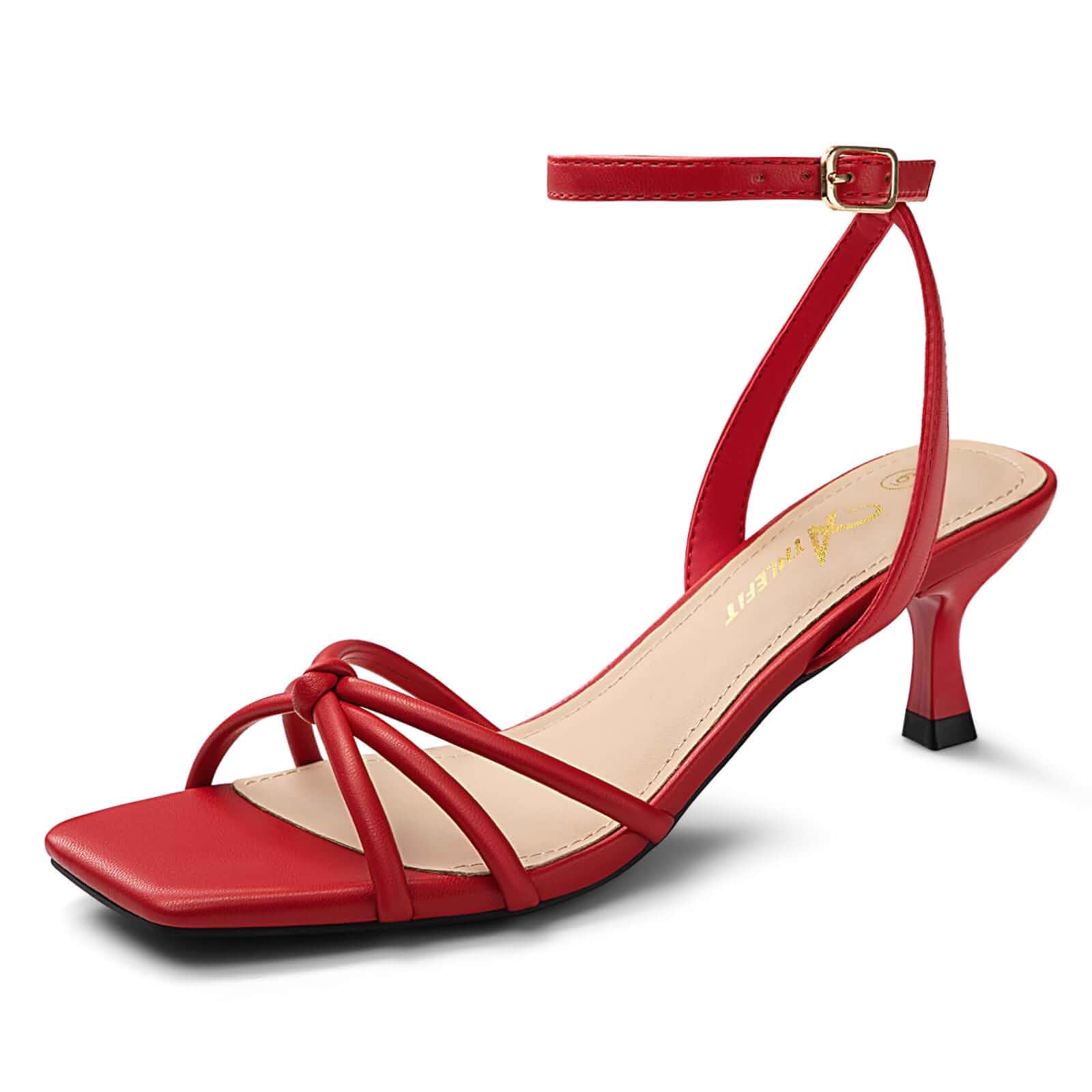 Athlefit Women's Kitten Heels Square Toe Strappy Heeled Sandals PU Leather, 2.13-inch Low Kitten Heels, Open Toe, Ankle Strap, Comfortable, Dressy, Prom, Parties, Wedding, for Women Summer