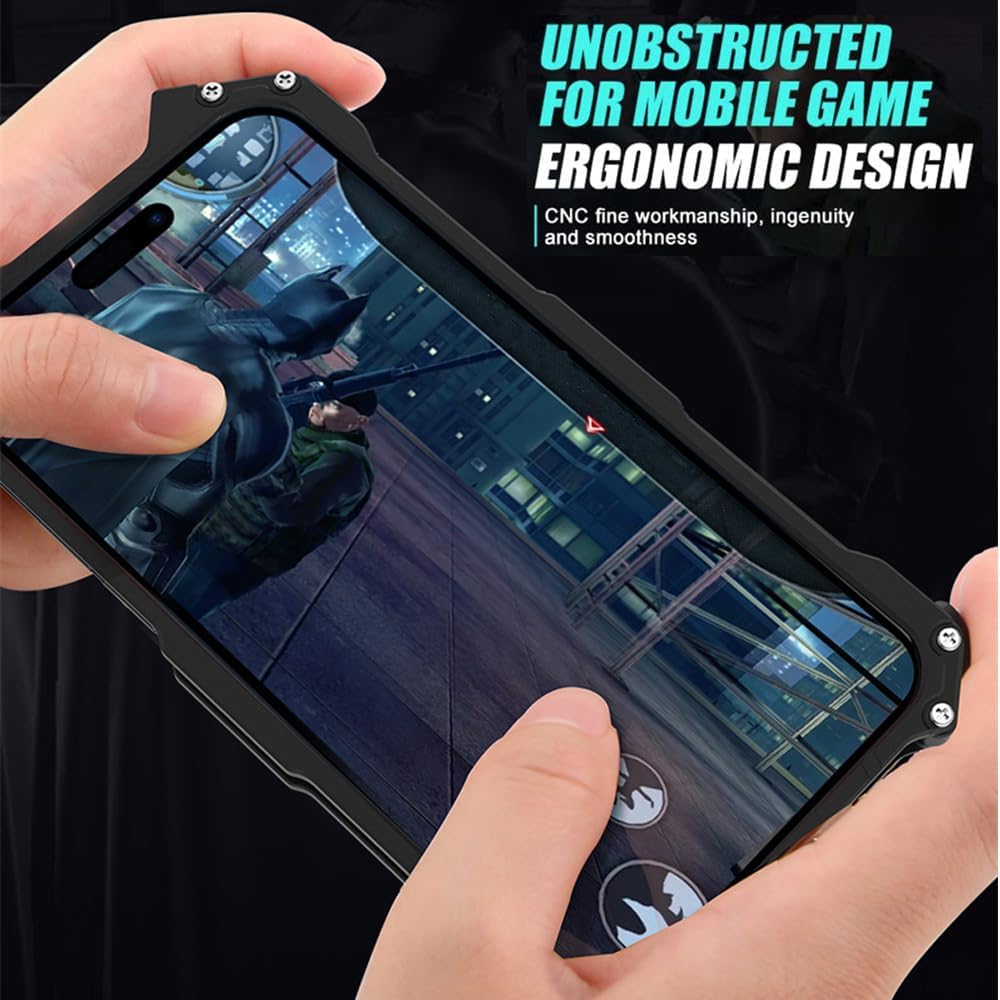 Luxury Cool Bat Style Tough Metal Case for iPhone 15 (6.1 inch), Anti-Fall Shockproof Aluminum Alloy Bumper Protective Skin Scratchproof Frame Plate Back Cover Black