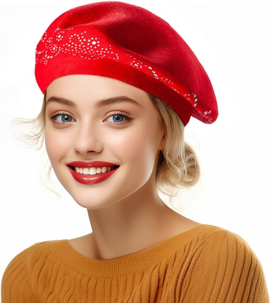 LADYBRO Rhinestone Beret Hats for Women 2 Layers Wool French Knit Cap Lady Winter Black - Image 4