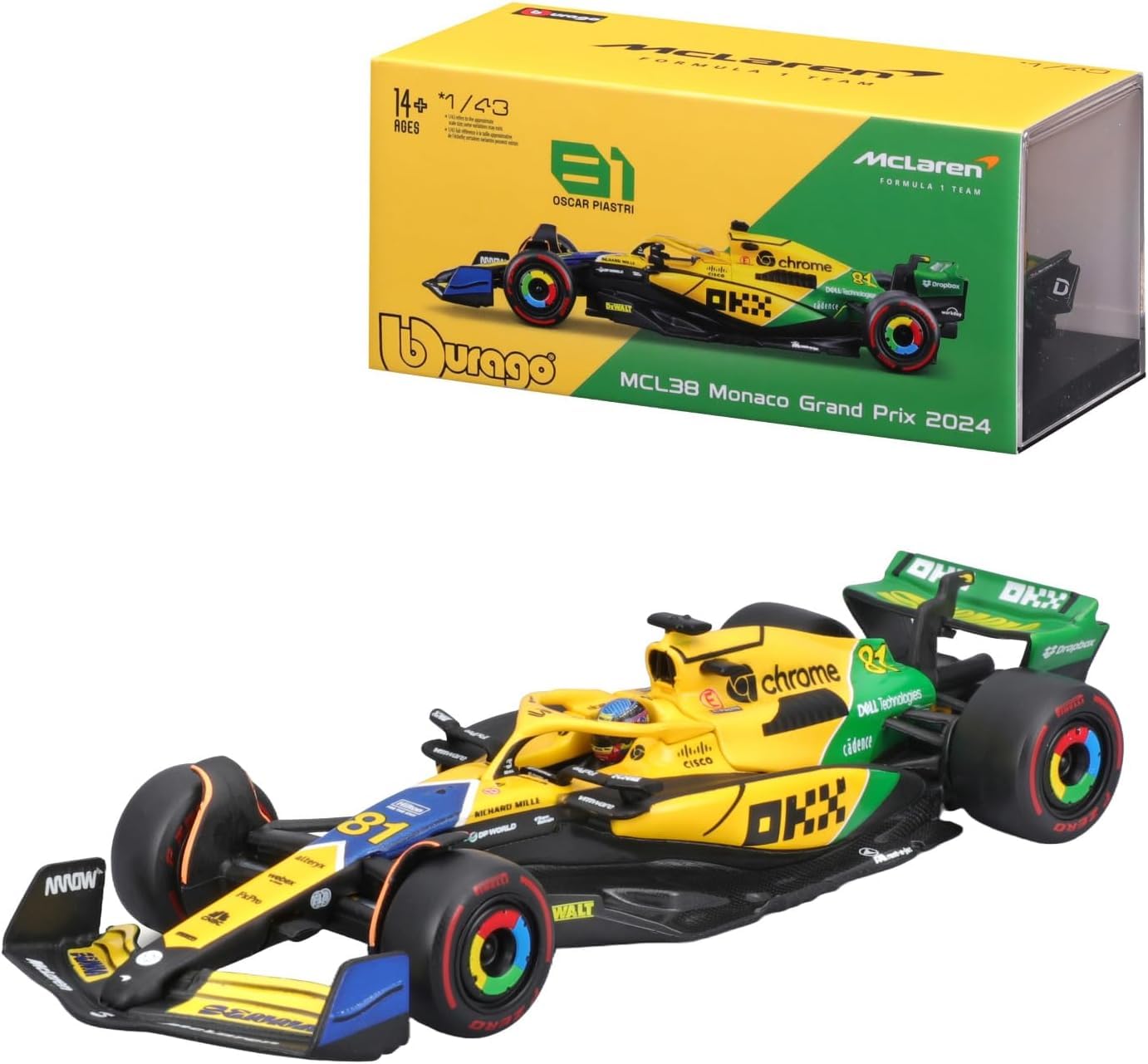 OPO 10 - Formula 1 car compatible with Oscar Piastri McLaren MCL38#81 2nd Monaco GP 2024 1/43 scale Bburago 38215PS