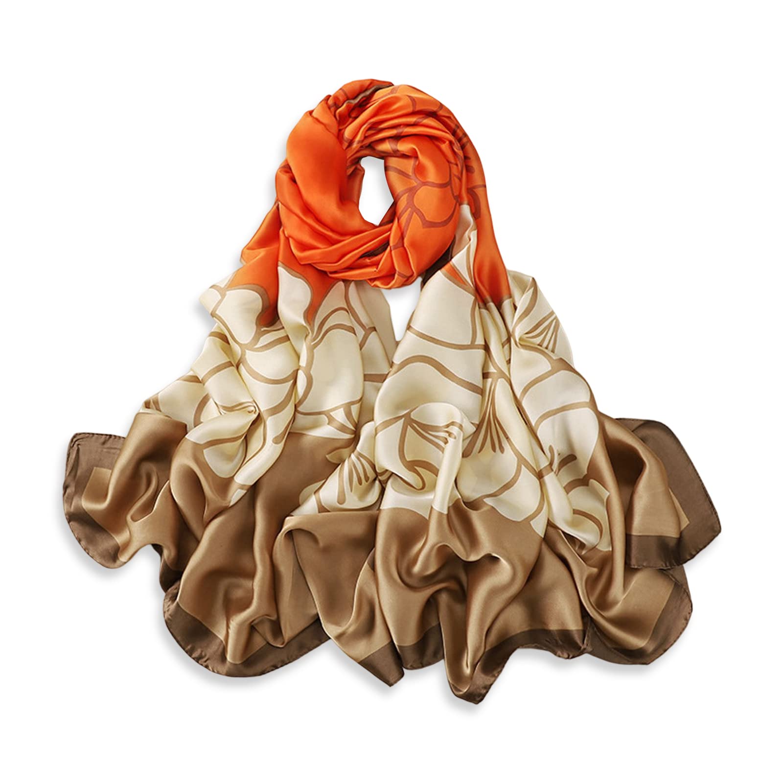 Lumisyne Women's Orange Flowers Silk Scarf For Stripe Letter Print Flower Paisley Pattern Luxurious Elegant Style Satin Long Scarves Lightweight Warm Stole Wrap Sunscreen Shawls All Season