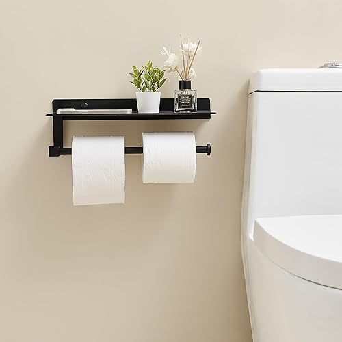 Miniatura 4 de Soporte de pared para toallas de papel, para baño, toallero de mano para baño, soporte para toallas de papel negro con estante (negro mate)