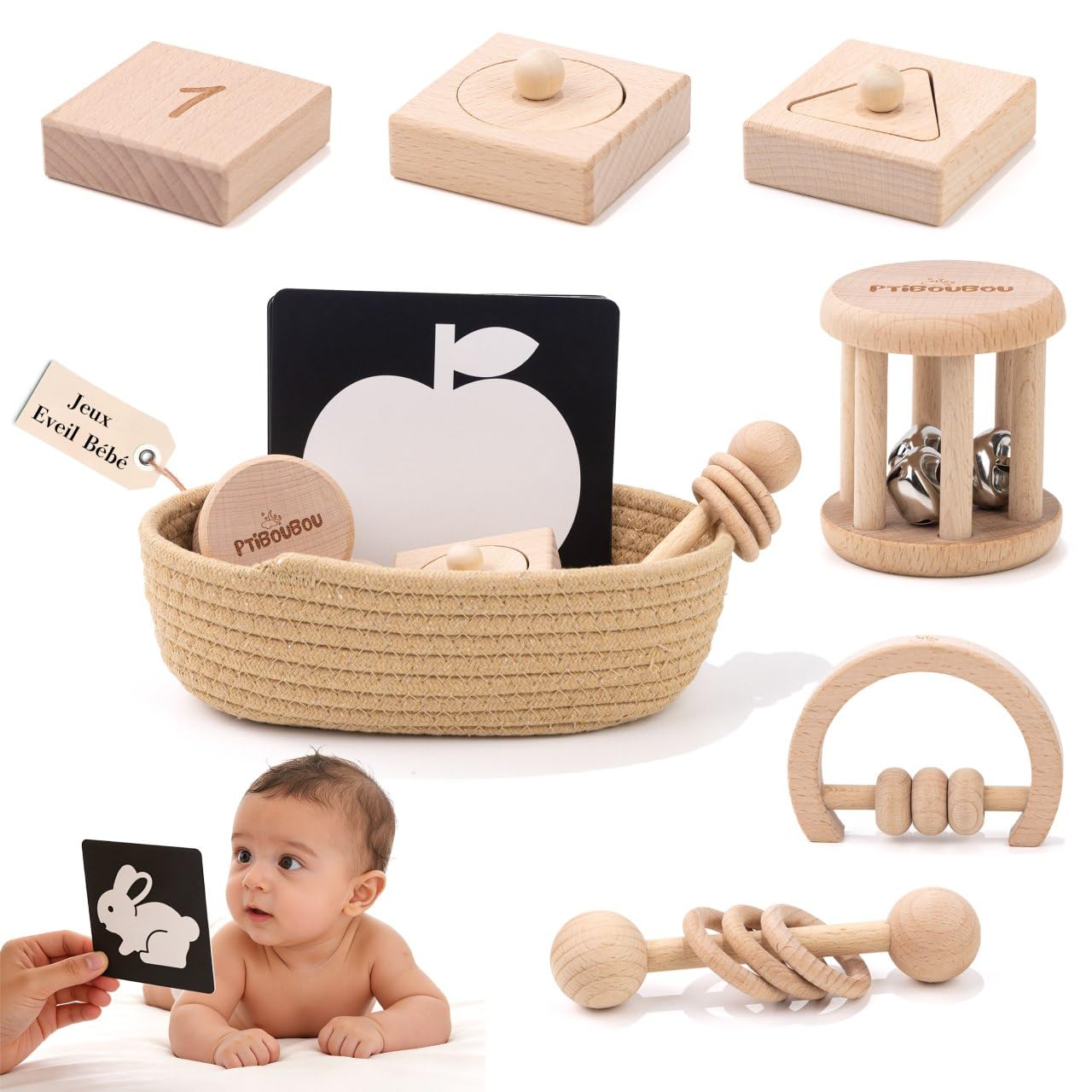 Kit jouet Montessori pour bébé avec Jouets d’Éveil en Bois Naturel, Cartes Visuelles Noir et Blanc, Panier en Coton Premium – Cadeau Naissance, Hochet Dentition, Développement Sensoriel