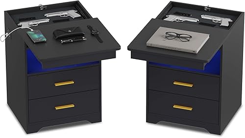 Gurexl Mesita de noche RGB con estación de carga inalámbrica, mesita de noche con cerradura con 1 puerto USB B y C, mesa auxiliar LED con sensor