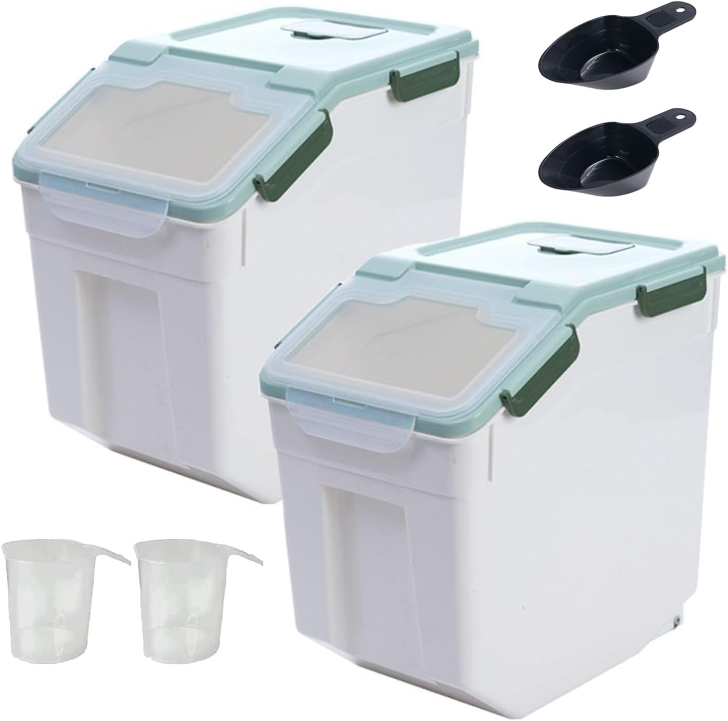 2 Pack Rice Storage Container with Measuring Cup 50 lb Flour Storage Container with Wheels, BPA Free Food Storage Container Dog Cat Food Bin Set for Dry Food Sugar, Cereal(Green) Green 2Pack 50Lb