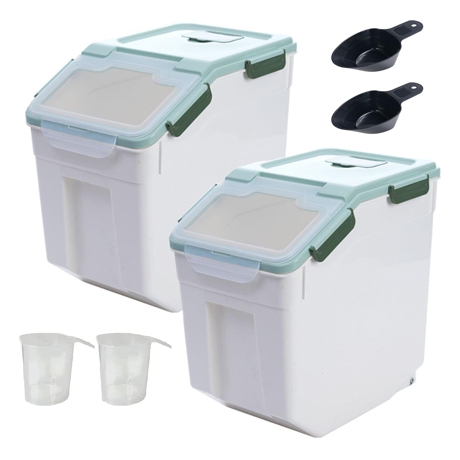 2 Pack Rice Storage Container with Measuring Cup 50 lb Flour Storage Container with Wheels, BPA Free Food Storage Container Dog Cat Food Bin Set for Dry Food Sugar, Cereal(Green)