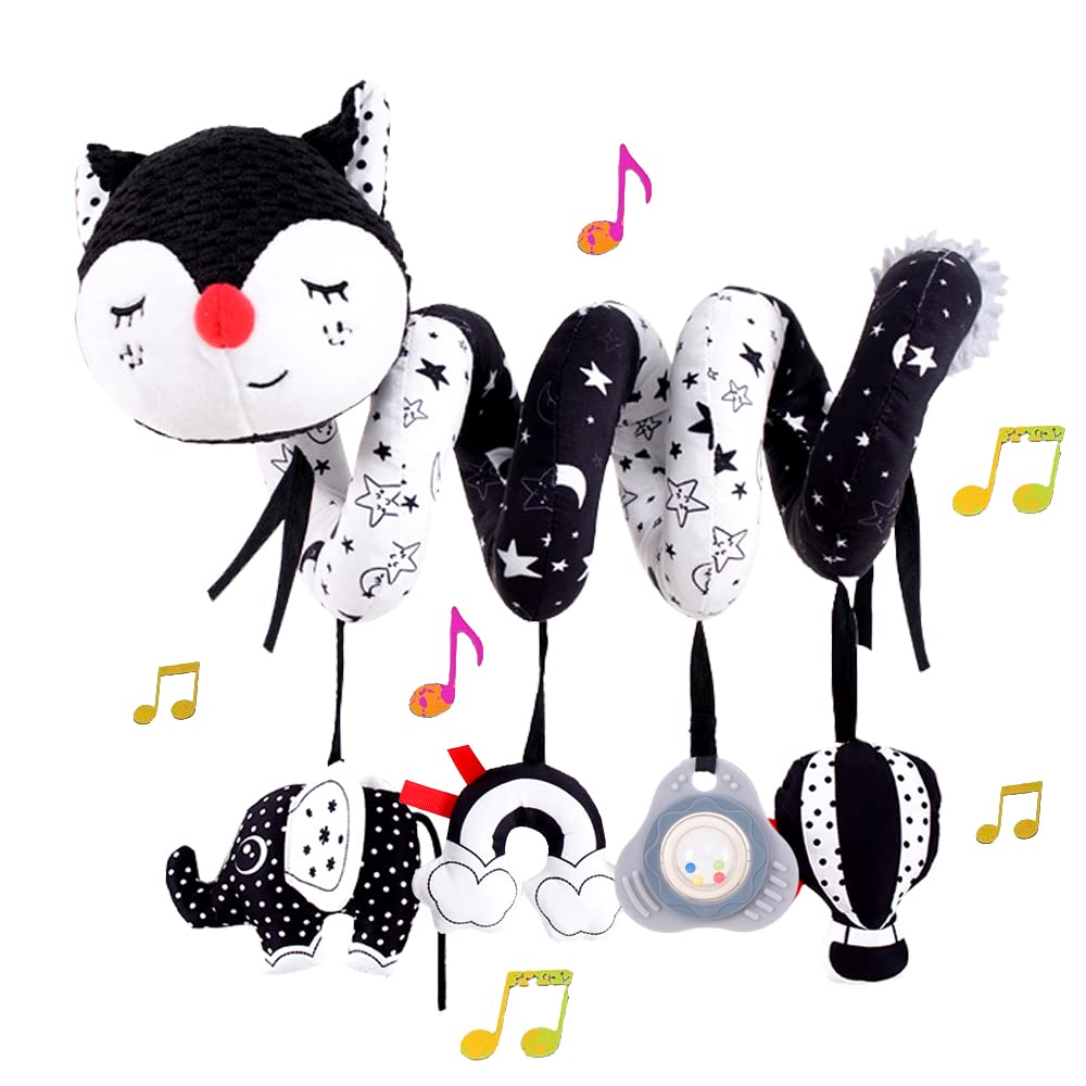 Car Seat Toys for Infants 0-6 Months, High Contrast Baby Toys Black and White Hanging Crib & Stroller Toy 3-6 Newborn Developmental Toy 0-3-6-12 Months with Music Rattles