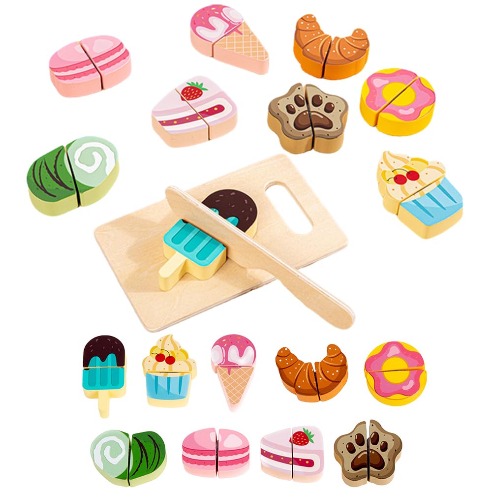 Ice Cream Toy 12PCs Wooden Cake Toy Cutting Play Set Pretend Food Play Set Toy Kitchen with Wooden Knife, Cupcake, Bread Educational Learning Toy for 3 Year Old Girl Birthday Gift