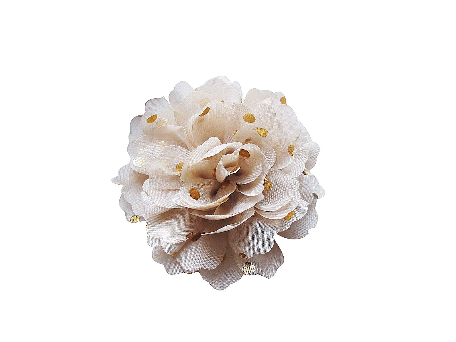 PrettyBoutique Girls Women Chiffon Gold Polka Dots Flower Hair Clip Bobble Brooch Pin (3.5cm Safety Pin, Beige)